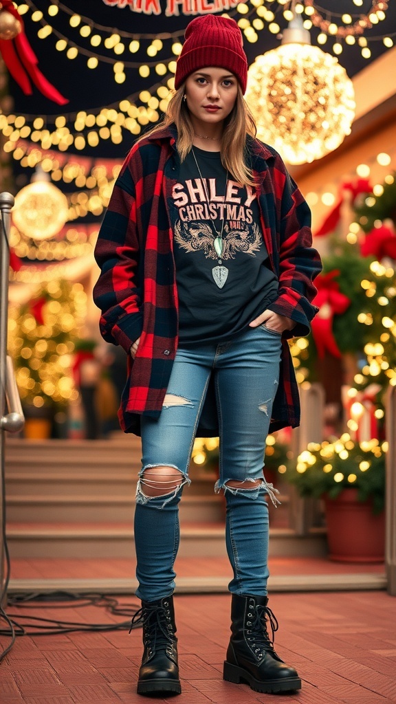Y2K grunge Christmas outfit with flannel shirt, graphic tee, distressed jeans, and chunky boots.